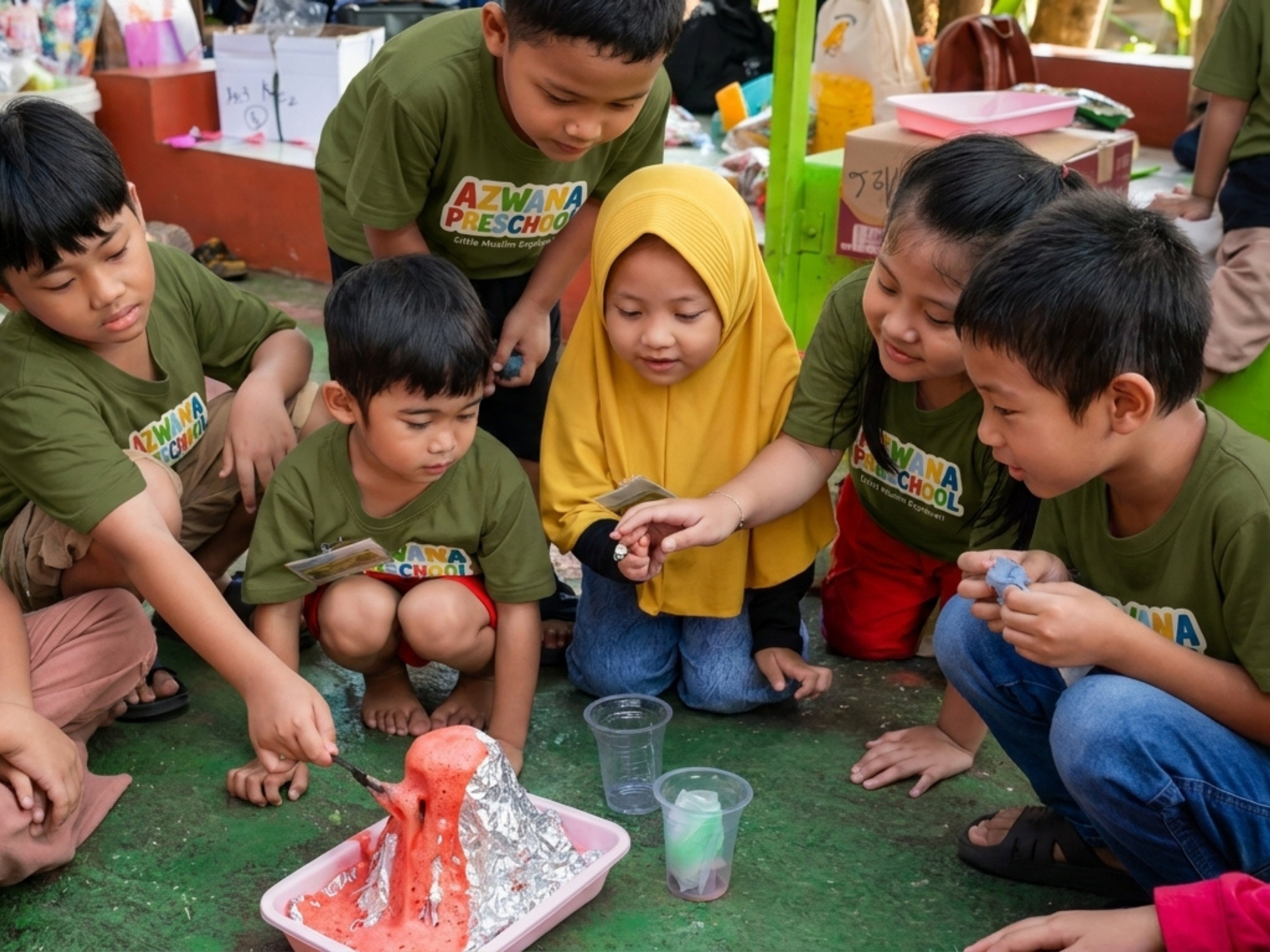 Anak-anak Azwana Preschool melakukan eksperimen sains gunung meletus